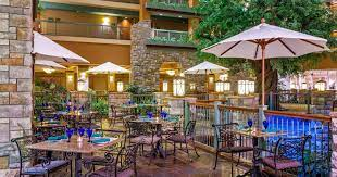 a dining room table in front of a building