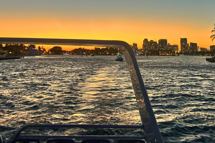 Sunset view of a city skyline from a boat, with palm trees and rippling water in the foreground.