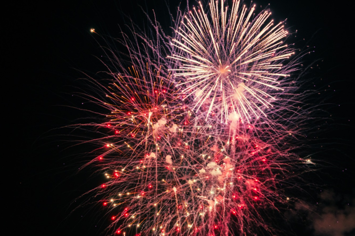 Bright fireworks bursting against a dark night sky.