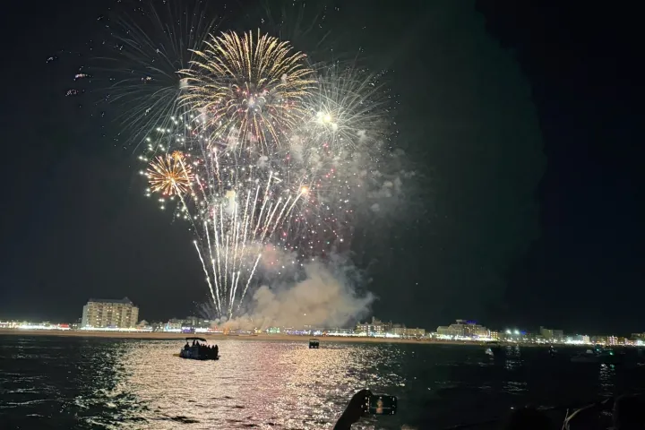 fireworks in the night sky over a body of water