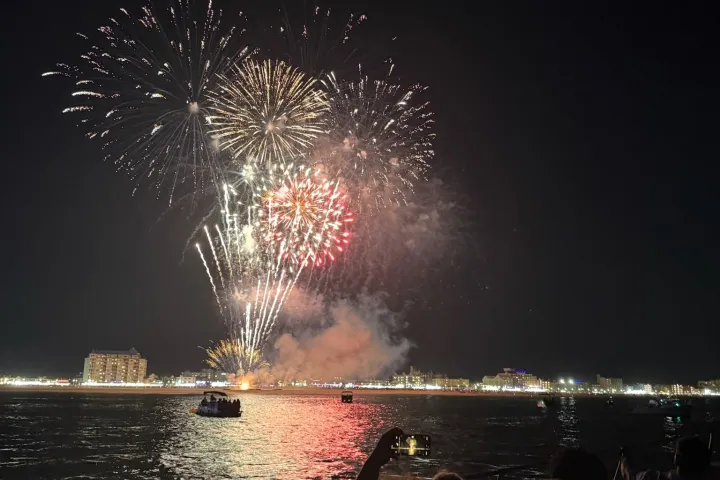fireworks in the sky over a body of water